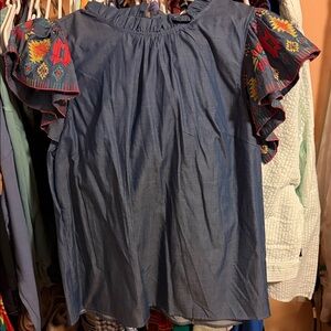 crown & ivy Blue Blouse with Colorful Embroidered Sleeves